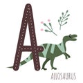 Dino alphabet.Allosaurus.Letter A with reptiles name.Hand drawn cute dinosaur.Educational prehistoric illustration.