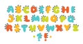 Dino alphabet. Funny comic font in the style of a simple hand-drawn cartoon with manes of dinosaurs, dragons or monsters