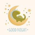 DINO BABY MOON Cartoon Hand Drawn Vector Illustration Print