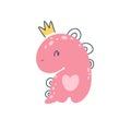 Dino baby princess. Dinosaur girl wearing a crown. Cute simple childish hand-drawn cartoon doodle scandinavian style