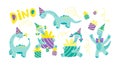 Dino Birthday Party. Hilarious funny dinosaurs in festive caps and gifts. Set of dinosaur