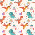 Dino birthday party pattern seamless dinosaur kid holiday celebration illustration Baby design for birthday invitation