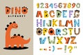 Dino collection with alphabet and numbers. Funny comic font in simple hand drawn cartoon style. Dinosaur characters. Colorful