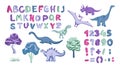 Dino collection with alphabet and numbers. Various dinosaur characters. Colorful isolated doodles on a white background