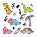 Dino collection for kids. Cute hand drawn dinosaurs and tropical plants. Stickers. Funny characters set Royalty Free Stock Photo