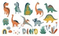 Dino cute vector illustration set with animal baby dinosaurs and design elements in flat cartoon scandinavian trendy Royalty Free Stock Photo