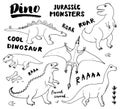 Dino Doodles Set. Cute Dinosaurs sketch and Letterings collection. Hand drawn Cartoon Dino Vector illustration