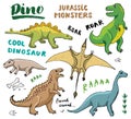 Dino Doodles Set. Cute Dinosaurs sketch and Letterings collection. Hand drawn Cartoon Dino Vector illustration