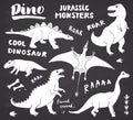 Dino Doodles Set. Cute Dinosaurs sketch and Letterings collection. Hand drawn Cartoon Dino Vector illustration on chalkboard