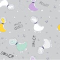 Dino fly into space and look at the constellations. Space texture of pastel colors for children`s fash