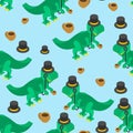 Dino gentleman pattern seamless. Tyrannosaurus hat top hat and cup of tea background. Dinosaur aristocrat ornament. Baby fabric