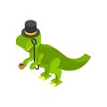 Dino gentleman. Tyrannosaurus hat top hat and cup of tea. Dinosaur aristocrat