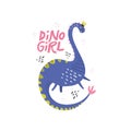 Dino girl color flat hand drawn vector character Royalty Free Stock Photo