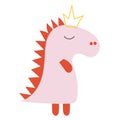 Dino girl color flat hand drawn vector character. Cute dinosaur Girl with a crown power concept. Sketch t-rex, Isolated cartoon Royalty Free Stock Photo