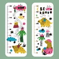 Dino growth rulers. Kids height measuring. Wall childish decor with funny dinosaurs and palm trees. Cute monster