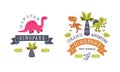 Dino Island and Dino Park Family Entertainment Emblem with Funny Dinosaur and Comic Jurassic Predator Vector Set