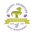 Dino Island and Dino Park Family Entertainment Emblem with Funny Dinosaur as Cute Prehistoric Creature and Comic