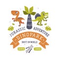 Dino Island and Dino Park Family Entertainment Emblem with Funny Dinosaur as Cute Prehistoric Creature and Comic