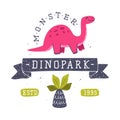 Dino Island and Dino Park Family Entertainment Emblem with Funny Dinosaur as Cute Prehistoric Creature and Comic