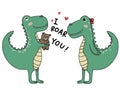 Dinosaur lover giving bear doll to girlfriend and say I roar you cartoon illustration