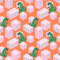 Dino monster in a pink city seamless vector pattern.