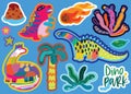 Dino Park. Big bright collection of stickers with dinosaurs, plants, comet and volcano