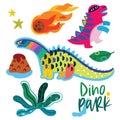Dino Park. Collection of dinosaurs, plants, comet and volcano