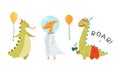 Dino party. Cute funny dinosaurs dressed carnival masquerade costumes cartoon vector illustration