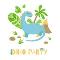 Dino party Invitation card or poster Cute dinosaur Bright colors Vector template