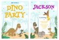 Dino party invitation design. Birthday party greeting card set with baby dinosaurs. Vector illustration Royalty Free Stock Photo
