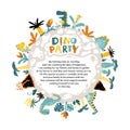 Dino party invitation. A round planet with dinosaurs, volcanoes and tropical fantastic plants. Colorful illustration in