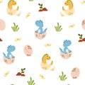 Little Dragon seamless pattern. Cartoon baby cute Dinosaur hatched from an egg. Royalty Free Stock Photo