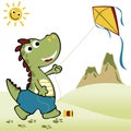 Funny cartoon with dinosaur playing kite Royalty Free Stock Photo