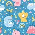 Dino princess seamless pattern. Girls dinosaurs with crowns in the jungle with a rainbow. Childish hand-drawn