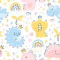 Dino princess seamless pattern. Girls dinosaurs with crowns in the jungle with a rainbow. Childish hand-drawn