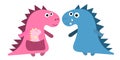 Dino`s loving parents with two children playing. For children`s posters, greeting cards on the day of the mother or