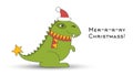 Dino Santa Claus Tyrannosaurus. Christmas funny cartoon dinosaur in a New Year hat and scarf with star on the tail isolated on