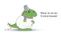 Dino Santa Claus Tyrannosaurus. Christmas funny cartoon dinosaur in snowman costume. Bucket on head and lights on tail isolated on