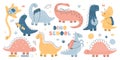 Dino school education set with cute dinosaurs cartoon animal creature character vector illustration