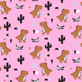 Dino seamless childish pink pattern for kids with cute dinosaurs and cactuses in Scandinavian style. Fabric design