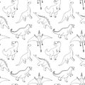 Dino Seamless Pattern, Cute Cartoon Hand Drawn Dinosaurs Doodles Vector Illustration