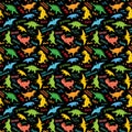 Dino Seamless Pattern, Cute Cartoon Hand Drawn Dinosaurs Doodles Vector Illustration