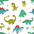 Dino seamless pattern, dinosaurs happy fabric cartoon print design. Cute dinosaur surface, adorable childish characters