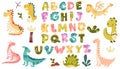 Dino collection with alphabet. Various dinosaur characters. Funny comic font in simple hand drawn cartoon style.