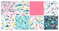 Dino Set of seamless patterns for girls. Baby Vector illustration of funny cartoon character in colorful pink palette. Doodle in a