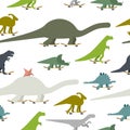 Dino on skateboard set pattern seamless. Dinosaur Skateboarder background. Prehistoric lizard monster riding longboard