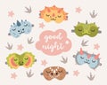 Dino sleep masks set. Cute dinosaur eye mask, vector set illustration