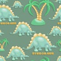 Dino. Stegosaurus background, coconut tree. Cute dinosaur vector drawing for print. Seamless pattern