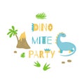 Dinomite party Invitation card or poster Cute dinosaur Bright colors Vector template