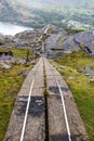 Dinorwic slate quarry with electric cable buried in concrete trough. Unesco World Heritage area, portrait